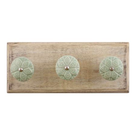Sage Green Ceramic Flower Wooden Hooks 